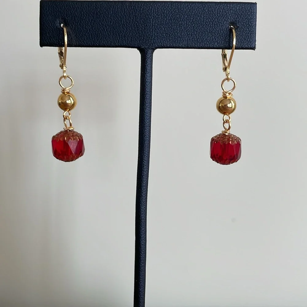 HAND CRAFTED PIERCED EARRINGS Red Cathedral Beads Gold Beads Approximately 1.5”